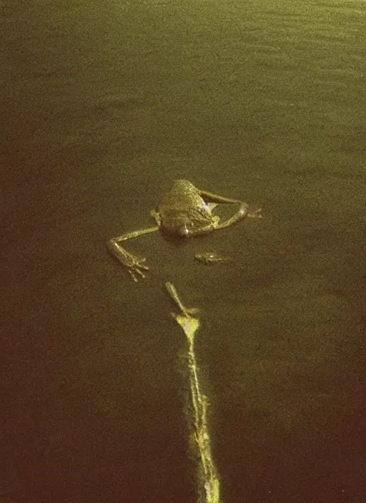 Image similar to “semitranslucent smiling frog vertically hovering over misty lake waters in crucifix pose, low angle, long cinematic shot by Andrei Tarkovsky, paranormal, eerie, mystical”