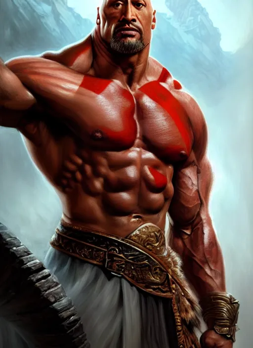 Image similar to ! dream portrait of aggressive dwayne johnson as kratos, d & d, muscular! intricate, elegant, highly detailed, digital painting, artstation, concept art, smooth, sharp focus, illustration, art by artgerm and greg rutkowski and alphonse mucha