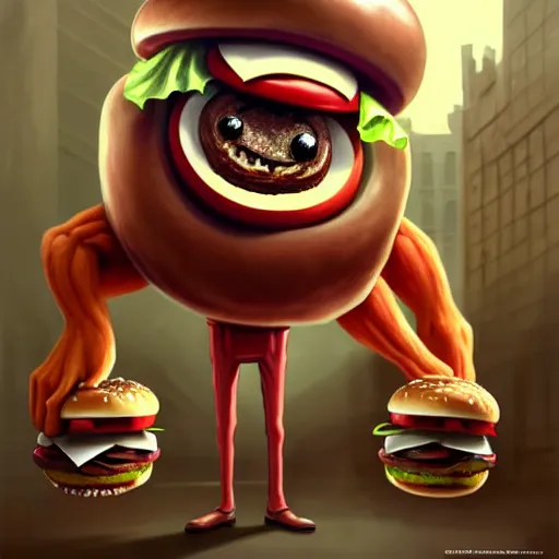 Image similar to a monster with a hamburger head on a suit, hamburger monster, burger face, burger with human eyes, burger with a mouth, very detailed eyes, character concept art, fantasy, intricate, fantasy drawing, illustration, highly detailed, hyperrealistic, cgsociety, artstation, oil painting by greg rutkowski, by artgerm