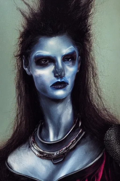 Image similar to hyperrealism oil painting, close - up portrait of european medieval brunette vampire fashion model, knight, steel gradient mixed with nebula sky, in style of baroque