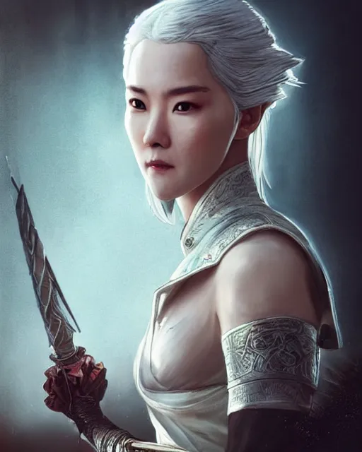 Prompt: Zhang Ziyi as Ciri from Witcher 3 by Artgerm and Greg Rutkowski, wearing haute couture by schiaparelli, sharp focus, sun rays, intricate, elegant, highly detailed, digital painting, masterpiece.