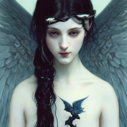 Image similar to Beautiful pale angelic goth girl with angel wings and devil\'s horns, masterpiece 4k digital illustration by Ruan Jia and Mandy Jurgens and Artgerm and william-adolphe bouguereau, highly detailed, trending on artstation, award winning,