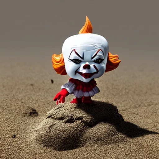 Prompt: a funko pop of pennywise buried in the sand, with sunset, macro photo, realistic photo, well-detailed, 8k