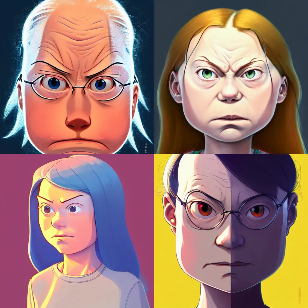 Image similar to centered!! macro head portrait of angry! furious mad disgusted queen greta thunberg, artstation, detailed cartoon, elegant, digital painting, concept art, smooth, sharp focus, illustration, ghibli, makoto shinkai, don bluth, fujita goro, jean giraud, akihiko yoshida, tom whalen 8 k