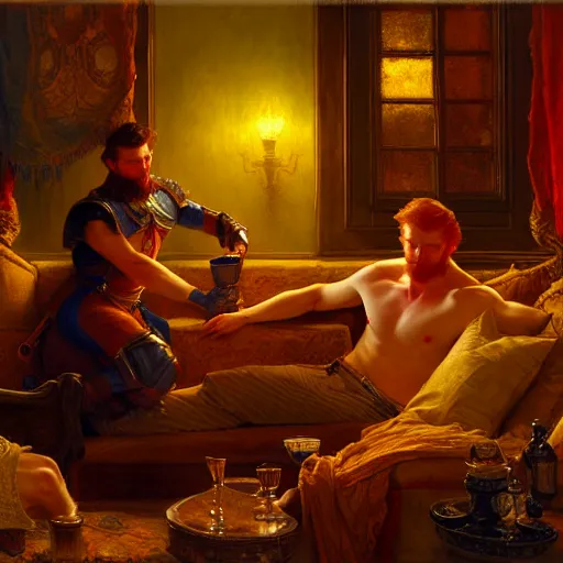 Prompt: attractive male mike and attractive male tyler, one is ginger and the other brunet, drinking their hearts out, in their noble mansion, at night. highly detailed painting by gaston bussiere, craig mullins, j. c. leyendecker 8 k