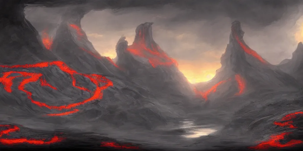 Prompt: Fantasy concept art of a canyon with a lava river. Concept art, wide, highly detailed.