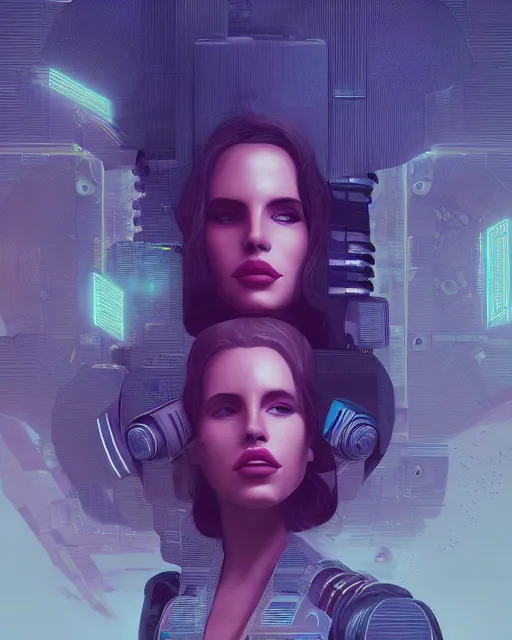 Image similar to portrait of lana del rey as a cyborg. intricate abstract. intricate artwork. by tooth wu, wlop, beeple, dan mumford. octane render, trending on artstation, greg rutkowski very coherent symmetrical artwork. cinematic, hyper realism, high detail, octane render, 8 k, iridescent accents