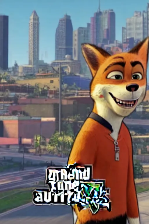 Image similar to Grand Theft Auto: San Andreas loading screen featuring Nick Wilde (from Zootopia)