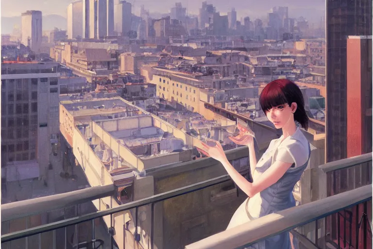 Image similar to A ultradetailed beautiful portrait panting of a stylish woman standing on a balcony overlooking the city, Oil painting, by Ilya Kuvshinov, Greg Rutkowski and Makoto Shinkai