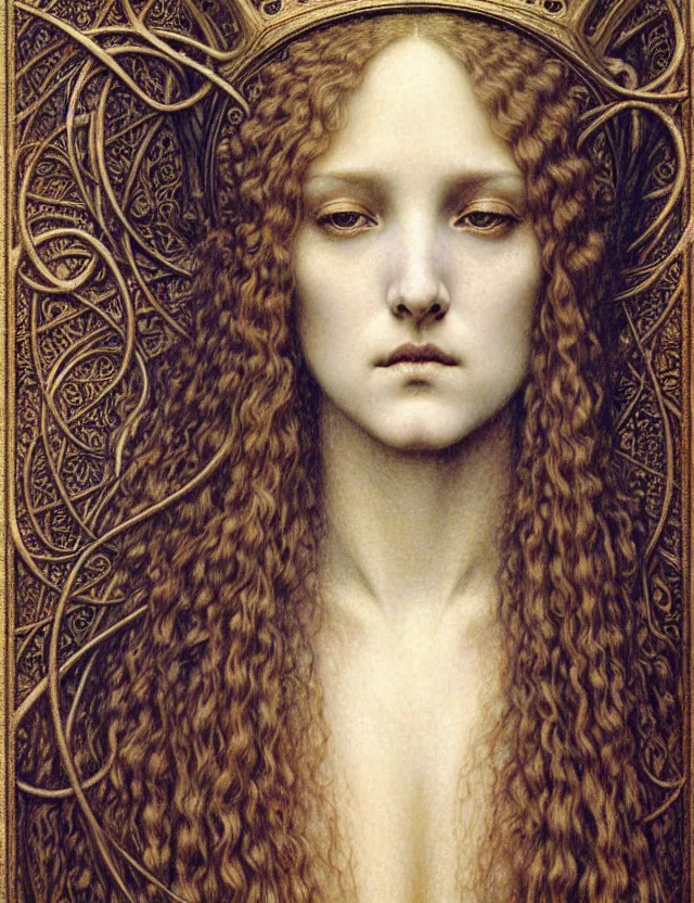 Image similar to detailed realistic beautiful young medieval queen face portrait by jean delville, gustave dore and marco mazzoni, art nouveau, symbolist, visionary, gothic, pre - raphaelite. horizontal symmetry