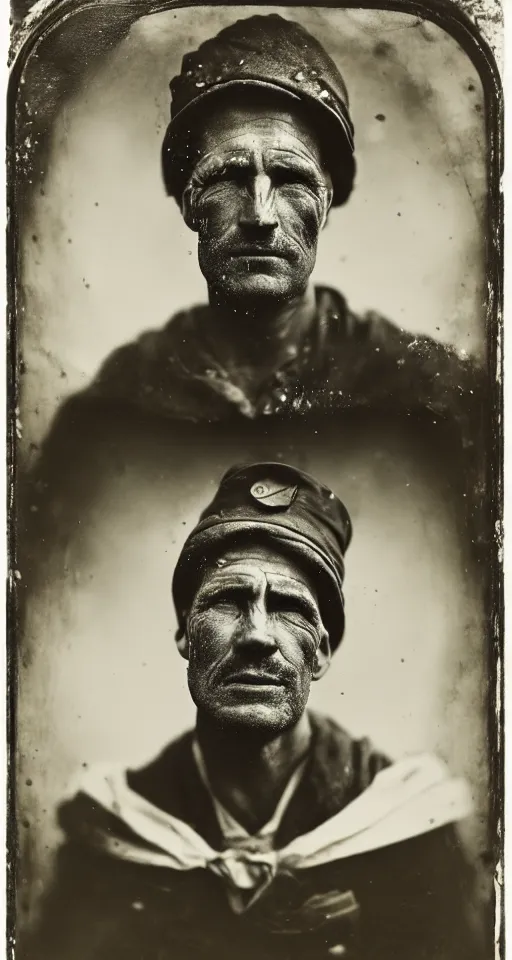 Prompt: a highly detailed wet plate photograph, a portrait of a sailor