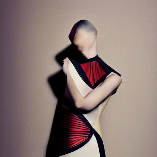 Image similar to a model dressed in an avant garde muted color haute couture dress, angular minimalism, vogue full color editorial photo, sharp focus dynamic light