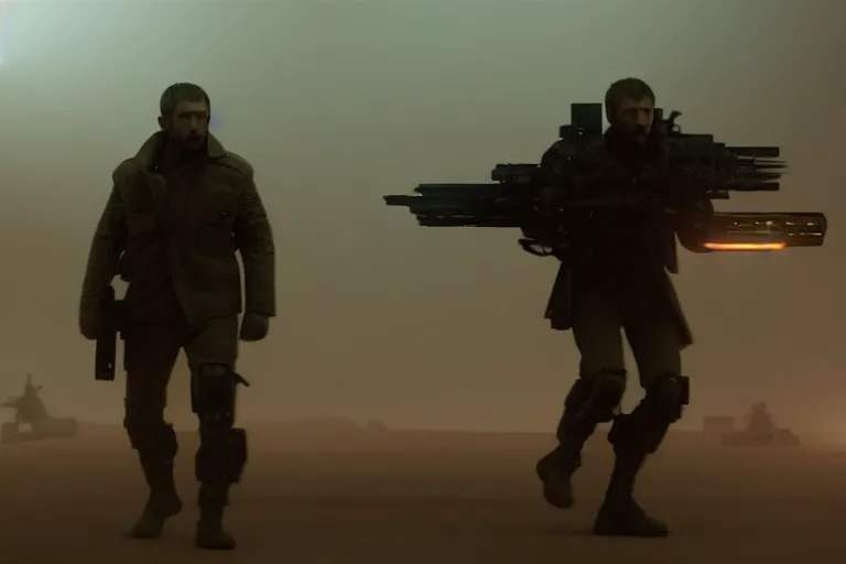 Prompt: vfx film, blade runner 2 0 4 9 futuristic soldiers shoot at enemy robots futuristic war, battlefield war zone, shootout, running, shooting, explosion, leaping, flat color profile low - key lighting award winning photography arri alexa cinematography, big crowd, hyper real photorealistic cinematic beautiful, atmospheric cool colorgrade