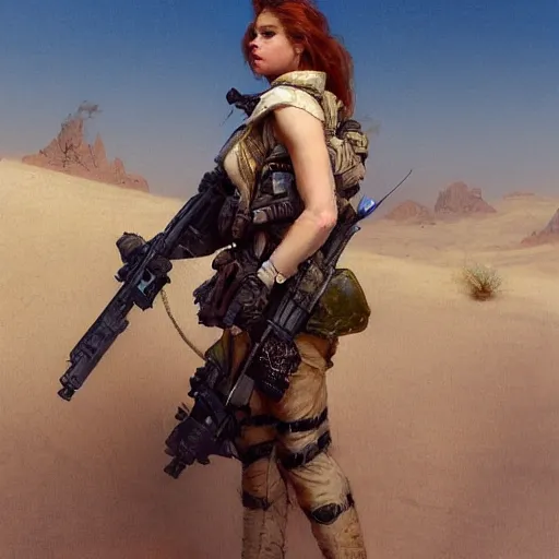 Prompt: portrait of an attractive white female anthro wolf soldier in the desert, tactical gear, female fursona, 4 k, trending on artstation, by gaston bussiere, craig mullins, artgerm, greg rutkowski, alphonse mucha