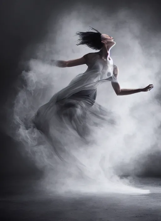 Image similar to a Photorealistic dramatic hyperrealistic render of a beautiful Female smoke dancer by Ken Brower and Deborah Ory of NYC Dance project,Lois Greenfield,Flowing cloth and smoke,Beautiful dynamic dramatic dark moody lighting,volumetric,shadows,cinematic atmosphere,Octane render,8K