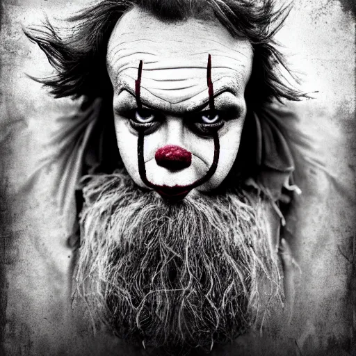 Image similar to Homeless portrait of dirty Pennywise in scrappy clothing, HD, award winning photograph by Lee Jeffries