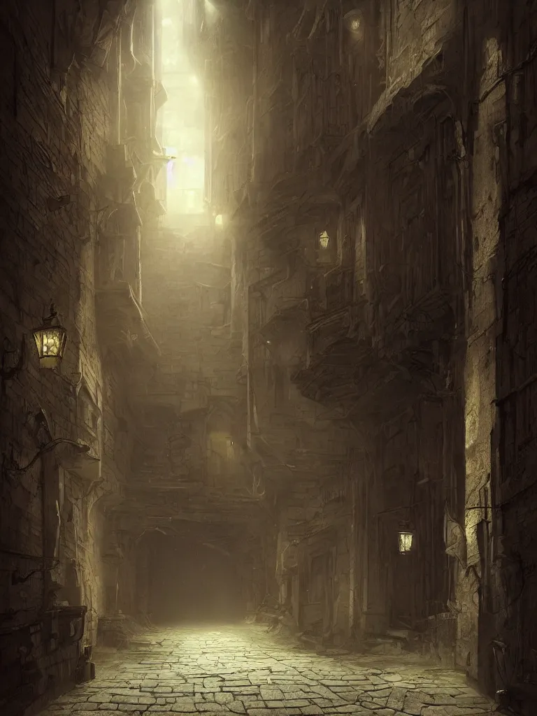 Prompt: a detailed matte painting of a nightscene with a dark alley at the end an illuminated door in the style of greg rutkowski