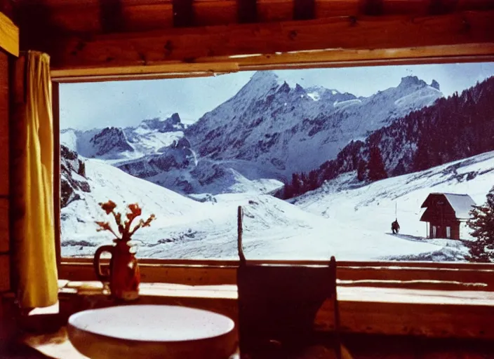 Prompt: a 3 5 mm kodachrome photo of a cozy cabin in the swiss alps in the 1 9 5 0's