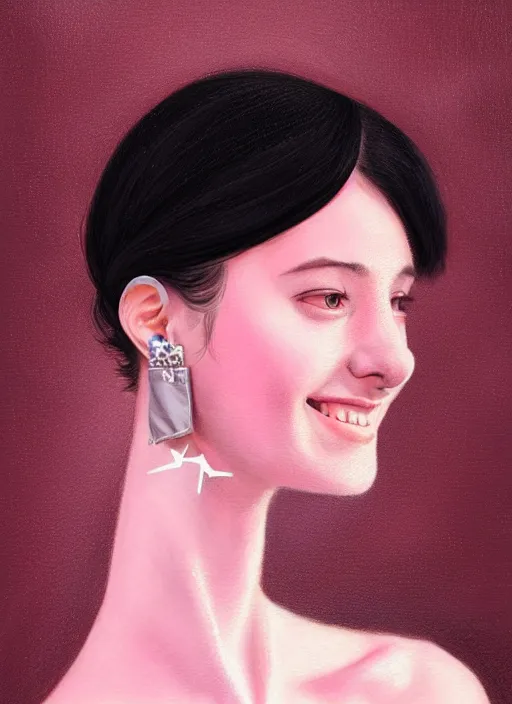 Image similar to portrait of high school girl, realistic, black hair, bangs, half updo hairstyle, pointy nose, skinny, smile, ugly, defined jawline, big chin, pink hair bow, earrings, intricate, elegant, glowing lights, highly detailed, digital painting, artstation, sharp focus, illustration, art by wlop, mars ravelo and greg rutkowski