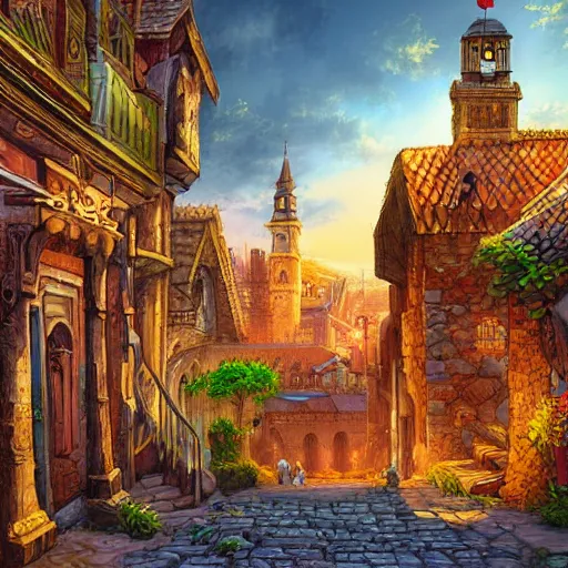 Prompt: a digital painting of a walled city, vibrant colors, ultra detailed, medieval, fantasy