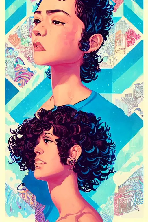 Image similar to hispanic girl short curly hair, and a shortbeard mixed race man, tristan eaton, victo ngai, artgerm, rhads, ross draws