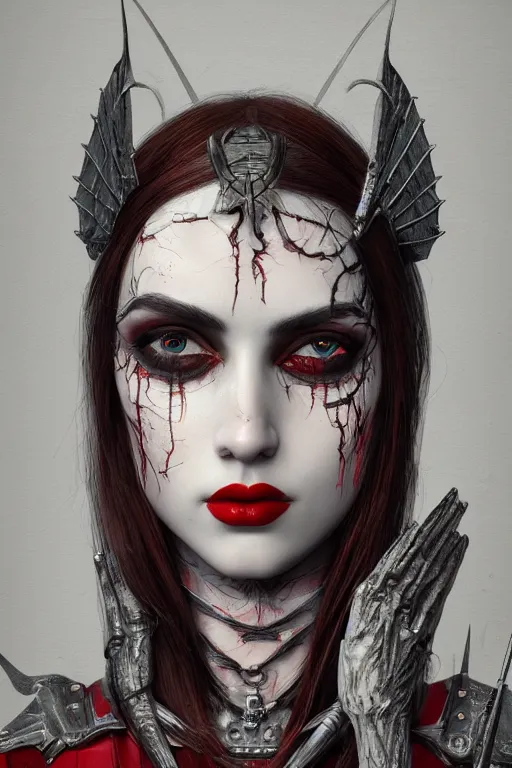 Prompt: portrait of beautiful young gothic maiden, warhammer, a lot of scars, red lips, the middle ages, highly detailed, artstation, illustration, art by max ernst, 8 k quality