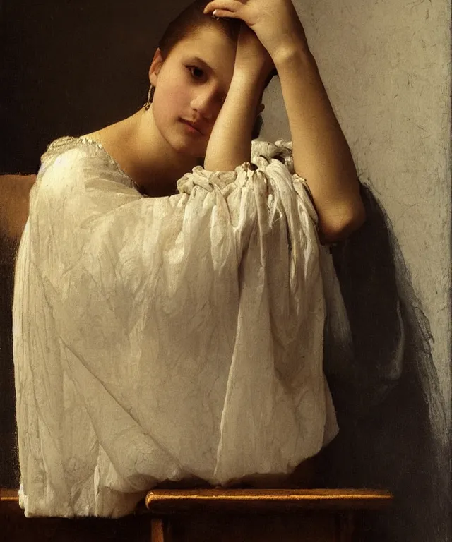 Prompt: a highly detailed, beautifully lit close portrait of a pretty, 1 4 year old alicia vikander resting her head on a table by an open window, oil painting portrait by vermeer and bouguereau and waterhouse