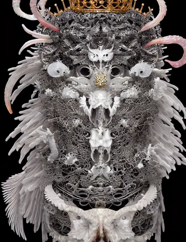 Image similar to goddess macro close - up portrait wigh crown made of ram skull. beautiful intricately detailed japanese crow kitsune mask and clasical japanese kimono. betta fish, jellyfish phoenix, bioluminiscent, plasma, ice, water, wind, creature, super intricate ornaments artwork by tooth wu and wlop and beeple and greg rutkowski