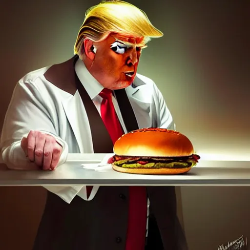 Prompt: Donald Trump performing emergency surgery on a big mac hamburger, dripping BBQ Sauce, serving burgers, hospital room, intricate, elegant, highly detailed, digital painting, artstation, concept art, matte, sharp focus, illustration, art by Artgerm and Greg Rutkowski and Alphonse Mucha