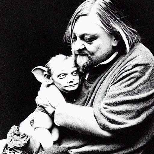 Prompt: robert wyatt cradling a goblin like a baby, photograph