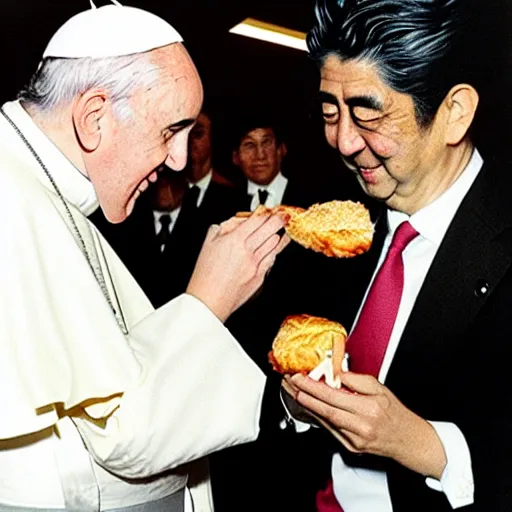 Prompt: the pope eating mc donalds with shinzo abe, photo by slim aarons, award winning