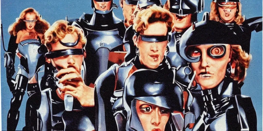 Image similar to cyclops robocop 1980s pop band, 1980s surrealism aesthetic, detailed facial expressions