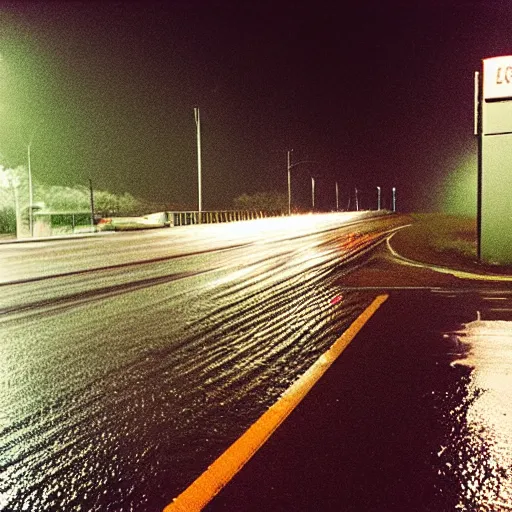 Image similar to “35mm film photography of highways, rain, night, cinestill 800t, grain”