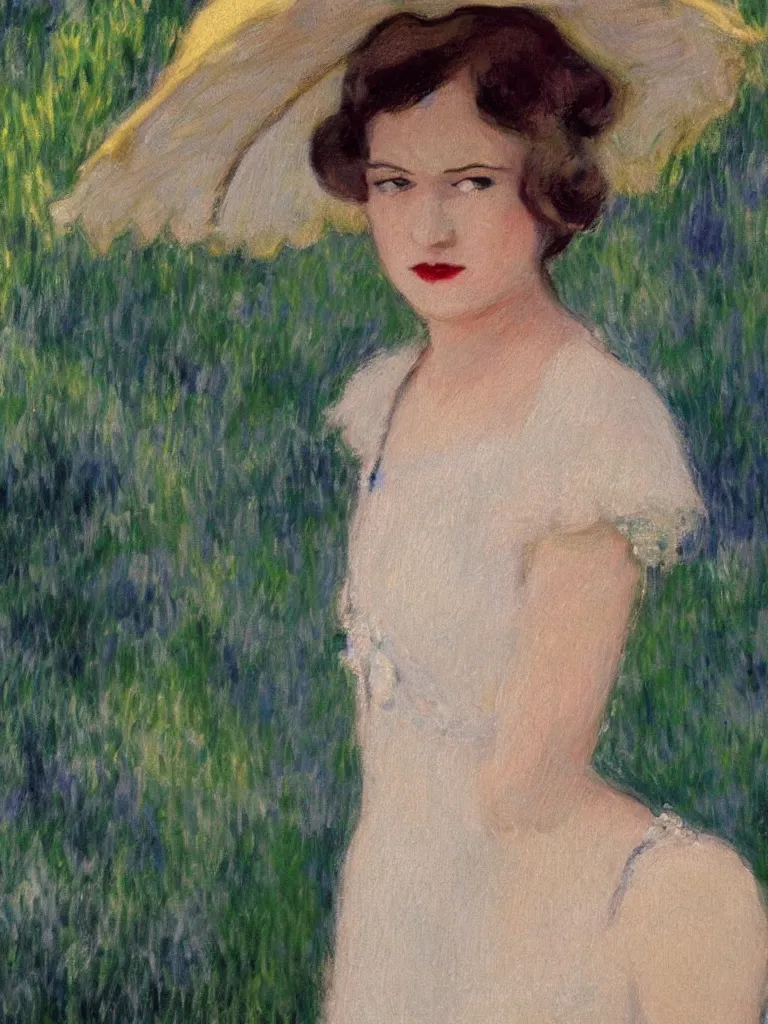 Image similar to portrait of < zelda fitzgerald > as a beautiful young lady wearing 1 9 2 0 s fashion, blurry face, fair, slim, fair, severe out of focus, depth of field, pleinairism, in the sun, backlit, closeup, oil on canvas, atr by monet, in the style of le promenade, smooth, impressionnisme, 8 k