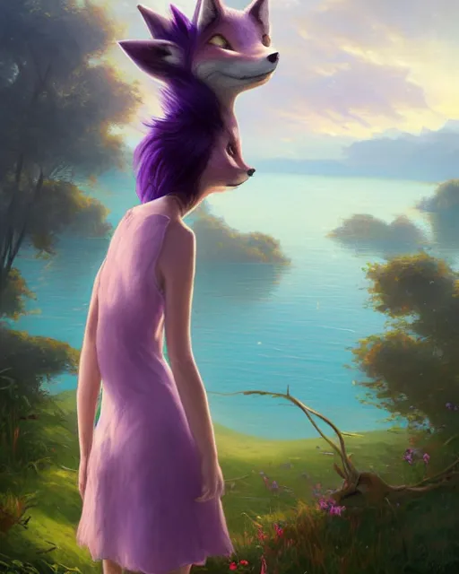 Prompt: an anthropomorphic fox girl with purple hair, she wears a simple sundress, she has a pronounced snout and two pointed black ears, beautiful lake background, illustration by greg rutkowski, thomas kindkade, loish, artstation, furaffinity, deviantart