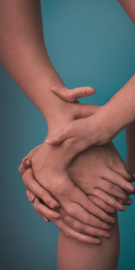 Image similar to a blurry closeup picture of skin gripped tightly, human bodies, hands, macro photography, long exposure photograph, surrealism, anamorphic bokeh, orange and cyan lighting, cinematic