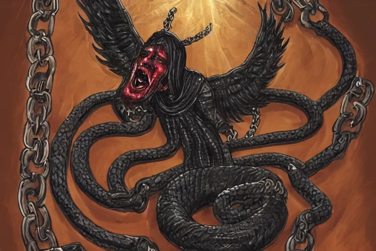 Image similar to lucifer, dark angel, hybrid human with snake, red eyes, chain, handcuffs, large chain, wide open mouth, scream, cruelty, sea bottom, light effect, hyper detailed