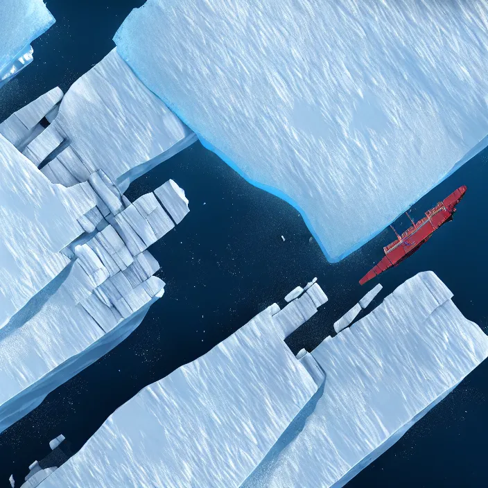 Prompt: A little bird's flight over an enormous gigantic icebreaker-sityfortress sailing across an icy cold ocean. Masterpiece, cinematic, hyperdetailed, photorealistic, hyperrealism, octane rendering, 8k, aerial view