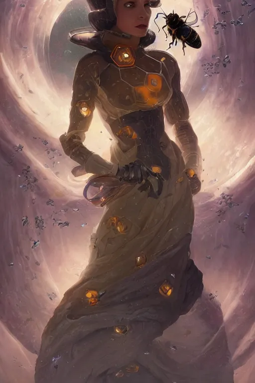 Prompt: fantasy beekeeper, stunning woman, wearing nanotech honeycomb robe, silky, surrounded by bees, futuristic, sci-fi, cinematic, wlop, greg rutkowski, peter mohrbacher