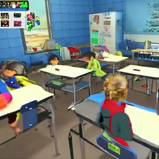 Image similar to screenshot of video game call of duty, inside elementary school, children are sat down at their desks learning