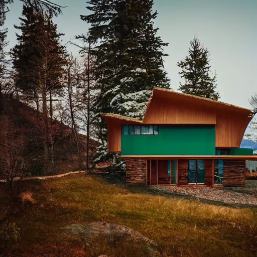 Image similar to wes anderson style modern futuristic house near the lake, snowy mountains and green forest, cinematic, realism, photo, detailed