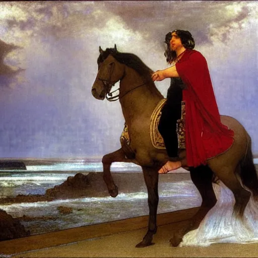 Image similar to Magician riding a horse leaving the castle through the bridge, thunderstorm, beach ocean on the background major arcana sky, by paul delaroche, alphonse mucha and arnold böcklin arnold böcklin hyperrealistic 8k, very detailed