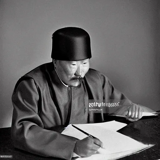 Image similar to genghis khan doing his taxes, photoshoot