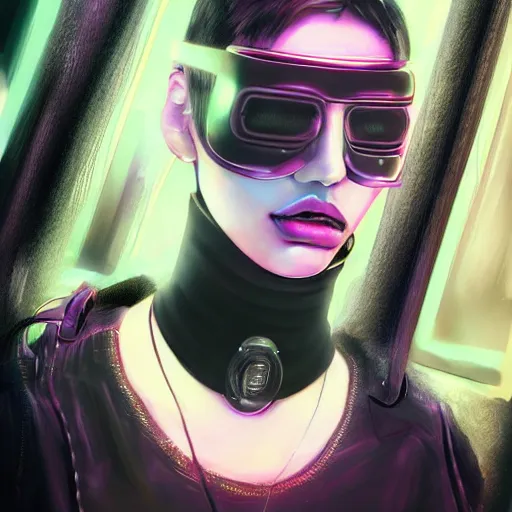 Image similar to detailed realistic cyberpunk female character cyberpunk wearing large steel collar around neck, realistic, art, beautiful, 4K, collar, choker, collar around neck, punk, artstation, detailed, female, woman, choker, cyberpunk, neon, punk, collar, choker, collar around neck, thick collar, choker around neck, wearing choker, wearing collar, bright neon punk hair, collar, choker,