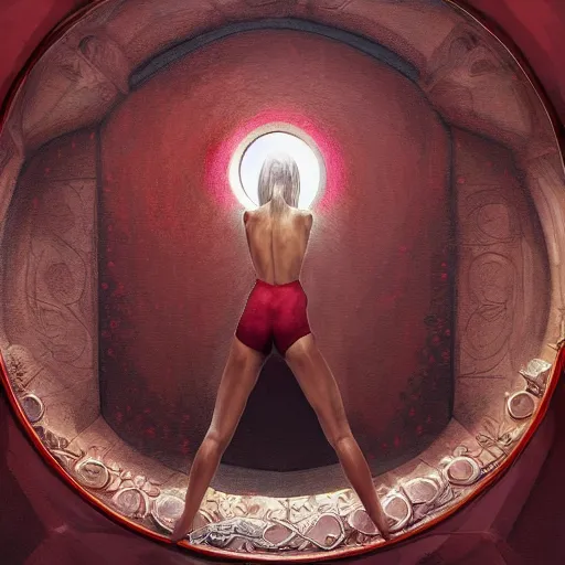 Image similar to Rachel Cook full body laying in a blood red pool of water between a golden mirror frame, outside is space and inside the mirror frame is a beautiful landscape., physically accurate, dynamic lighting, intricate, elegant, highly detailed, digital painting, artstation, HR GIGER, Hieronymus Bosch, Francis Bacon, concept art, smooth, sharp focus, illustration, art by artgerm and greg rutkowski and alphonse mucha