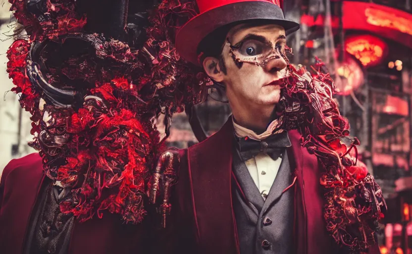 Prompt: cinestill 5 0 d candid photographic portrait by david cronenberg of baroque steampunk cyborg gentleman wearing a red edwardian suit and top hat, floral growths, modern cyberpunk moody emotional cinematic, closeup, pouring rain menacing lights shadows, 8 k, hd, high resolution, 3 5 mm, f / 3 2, ultra realistic faces, ex machina
