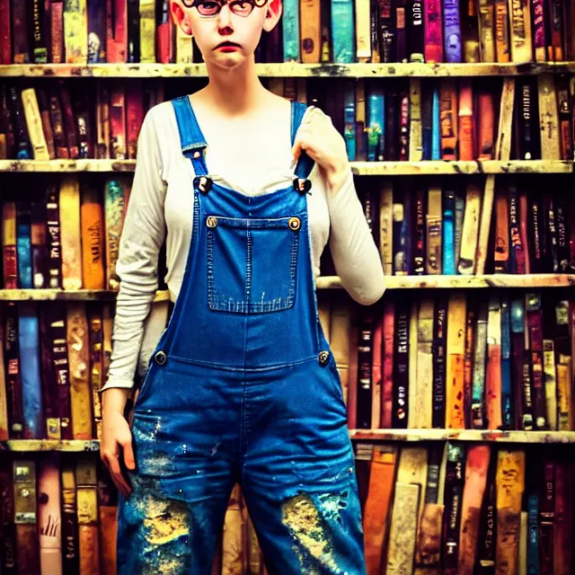 Image similar to full body pose, beautiful adult book fairy, pixar, short white hair shaved sides, dirty, grungy, grunge, long sleeve, painted overalls, stacks of giant books, highly detailed, 4 k, hdr, smooth, sharp focus, high resolution, award - winning photo, artgerm, photorealistic