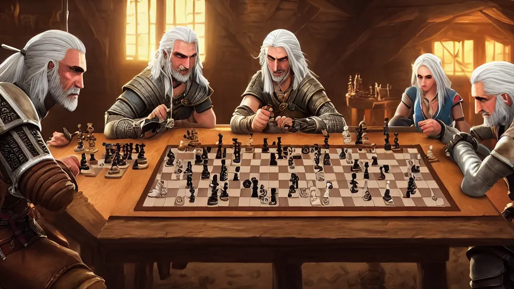 Image similar to Geralt of Rivia and Ciri playing chess in a tavern. geralt de rivia and ciri play at a table in the middle of the tavern, pixel art by Gerardo Quiroz, devian art, 4k
