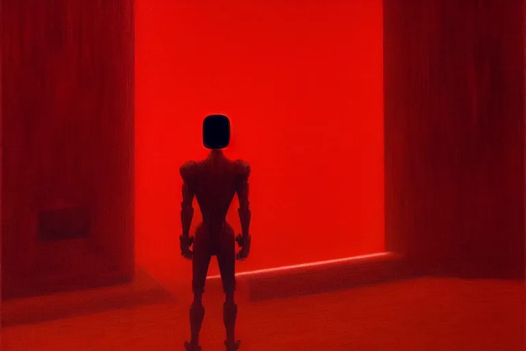 Image similar to only with red, a red samurai humanoid, tokio futuristic in background, yokai, in the style of beksinski, parts by edward hopper, parts by rodcenko, parts by yue minjun, intricate and epic composition, red by caravaggio, insanely quality, highly detailed, masterpiece, red light, artstation, 4 k