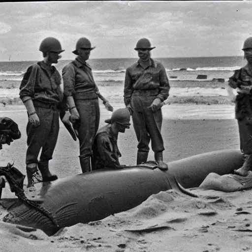 Prompt: 1940s photo, long shot, 5 soldiers looking at a huge creature washed up on a beach